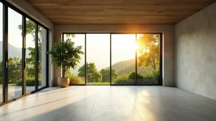 Serene Minimalist Interior Design Sunlight Illuminates Spacious Room with Expansive Views of Lush Greenery Through Floor-to-Ceiling Windows