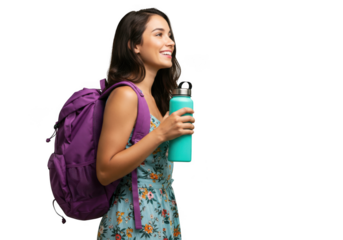 Joyful young woman with purple backpack holds teal water bottle smiling outdoors transparent background