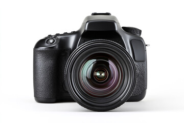 Fototapeta premium Black digital camera with lens isolated on white background in studio shot