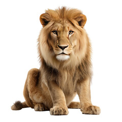 Fototapeta premium Majestic male lion sitting, studio shot, white background, wildlife portrait, for conservation