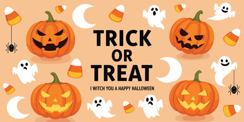 Halloween pumpkin illustration with ghosts, candy, spider, full moon, trick or treat text, festive spooky background for Halloween greeting