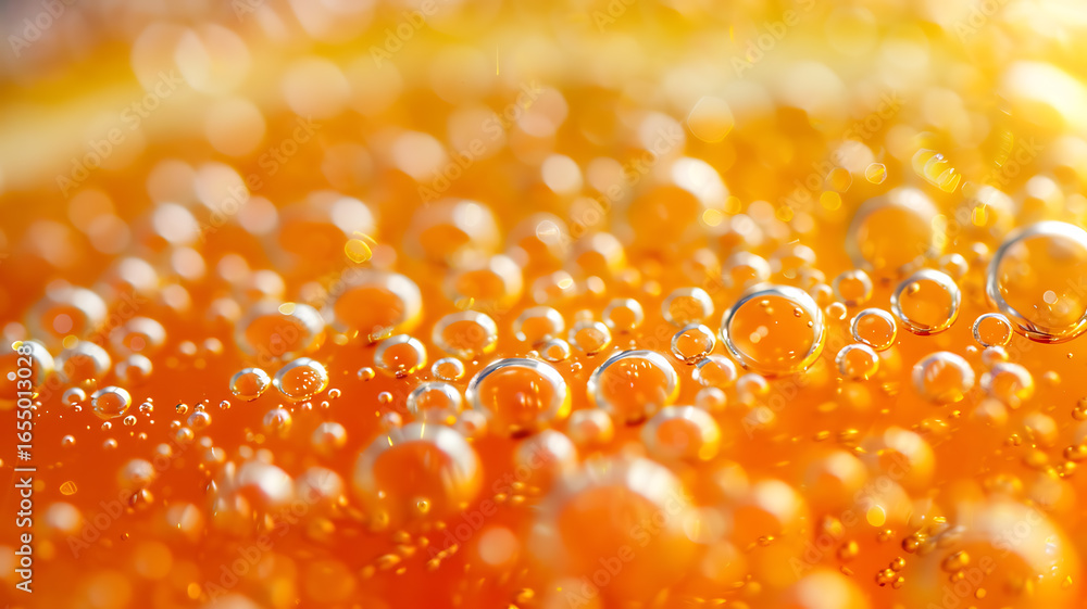Poster macro orange liquid with bubbles: abstract refreshing background texture for creative designs and vi