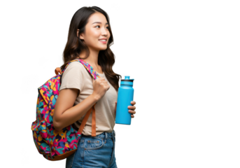 Young asian woman with colorful backpack and blue water bottle smiling looking away side view transparent background