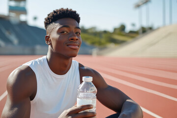 Young athlete resting and holding water bottle on running track