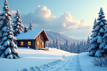 Serene Winter Wonderland A Cozy Cabin Nestled Amongst Snow-Covered Evergreens, Illuminated by the Golden Hour Sun