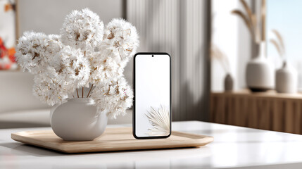 Smartphone mockup with blank screen on table with flowers in vase