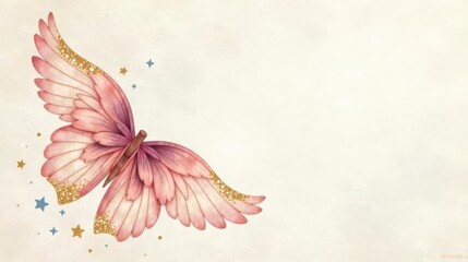 A whimsical pink butterfly with golden glitter accents on its wings, gracefully flying amidst a scattering of stars, set against a soft, textured background.