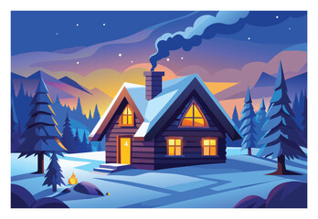 Fototapeta premium Cozy Winter Cabin Retreat in Snowy Landscape with Warm Fire and Rising Smoke