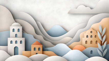 whimsical layered paper art landscape with mediterranean white houses and soft pastel hills