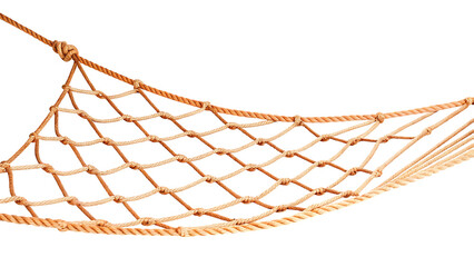 Thick woven rope net hanging isolated on a transparent background knot