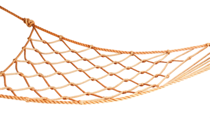 Thick woven rope net hanging isolated on a transparent background knot