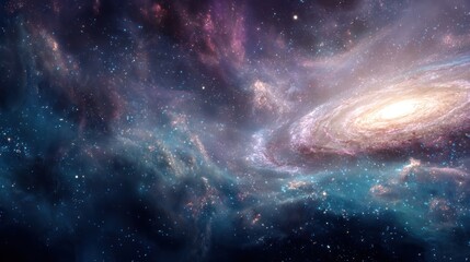 Obraz premium Vast cosmos with swirling nebula and bright galaxy shining amidst cosmic dust and stars