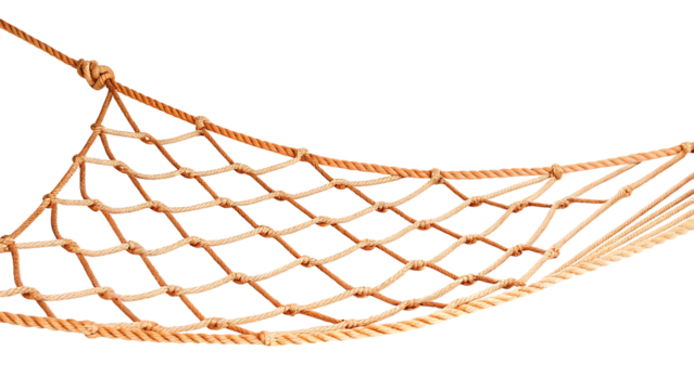 Thick woven rope net hanging isolated on a transparent background knot