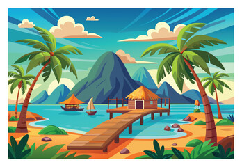 Obraz premium Idyllic Tropical Island Scene with Palm Trees and Ocean View Vector Illustration