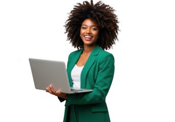 Confident black woman with afro hair works on laptop wearing a green blazer transparent background