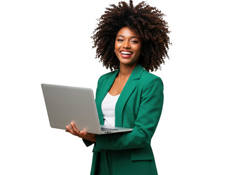 Confident black woman with afro hair works on laptop wearing a green blazer transparent background