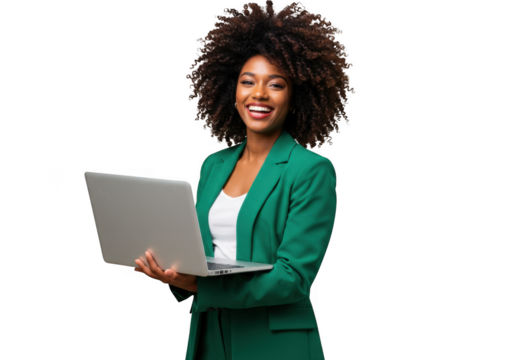 Confident black woman with afro hair works on laptop wearing a green blazer transparent background