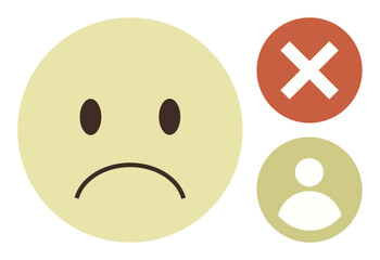 Large sad face, red rejection cross, and user profile icon convey rejection, disapproval, or failure. Ideal for emotional response, feedback, denial, dissatisfaction negativity decision-making