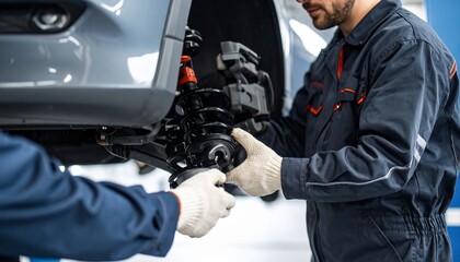 Automotive Technicians at Work Replacing a Vehicle's Brake System in a Garage Setting
