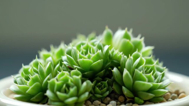 A rosette succulent plant possibly a hen and chicks variety nestled in pebbles in a white pot