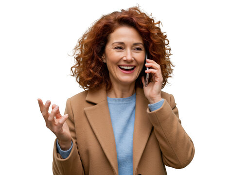 Smiling woman with curly red hair talking on a smartphone gesturing with other hand transparent background