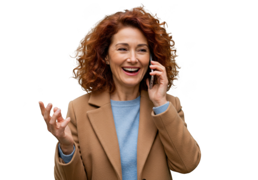 Smiling woman with curly red hair talking on a smartphone gesturing with other hand transparent background
