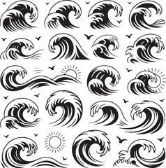 Collection of Black and White Stylized Waves Sun and Birds ocean water