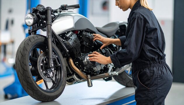 Motorcycle Mechanic Woman Inspecting Engine, Repairing Motorbike