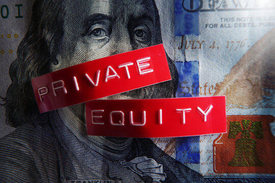 Private Equity labels on a US hundred dollar bill