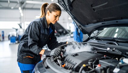 Dedicated female auto technician expertly diagnosing a steaming car engine in a professional repair shop, showcasing a precise approach to vehicle maintenance and service