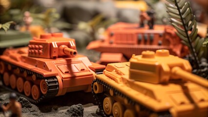 dynamic toy tank battle scene with orange military models and jungle terrain