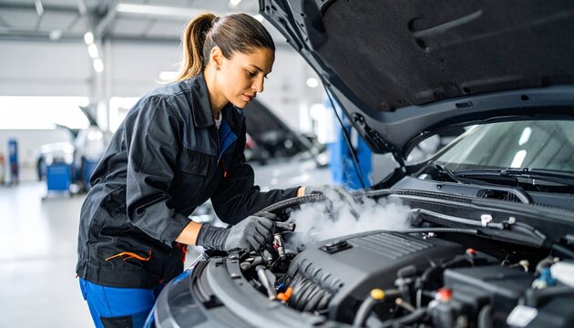 Dedicated female auto technician expertly diagnosing a steaming car engine in a professional repair shop, showcasing a precise approach to vehicle maintenance and service