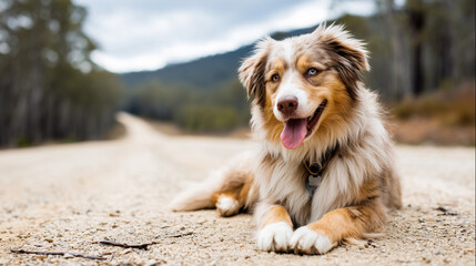 Australian Shepherd dog lying on a gravel road in the countryside with a scenic forest background.