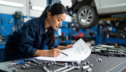 Young female mechanic in blue uniform studying blueprints and working in auto repair shop