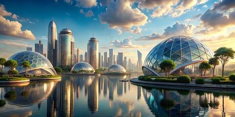 Photo of futuristic city landscape with modern architecture, innovative buildings, and green spaces reflecting in the water, showcasing a utopian urban design and technological development