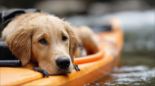 Wet golden retriever puppy resting on orange kayak while floating on a calm river during an outdoor adventure. - Powered by Adobe