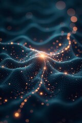 Abstract Luminescent Waveform  Network of Glowing Particles on a Dark Undulating Surface