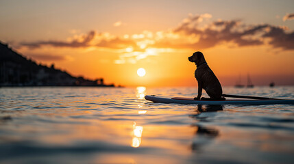 Silhouette of a dog sitting on a paddleboard at sea during a breathtaking sunset with calm water and glowing sky reflections.