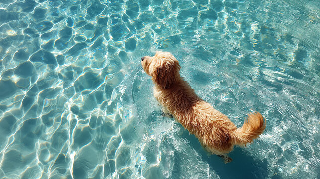Cute fluffy dog swimming in a clear blue pool on a sunny day.