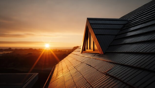 Sunrise over a modern home's roof
