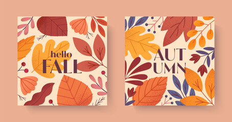 Autumn cards with leaves,berries,foliage and plants.Vector fall season modern illustrations.Trendy autumn templates for prints,ad,social media marketing,branding,packaging,covers.