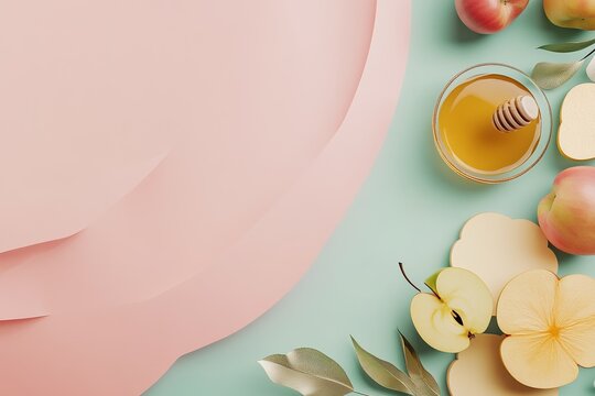 Jewish New Year, rosh hashanah, poster and blank banner template on gold paper cut style background