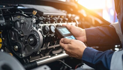 Mechanic using diagnostic tool to inspect car engine in garage with warm sunlight