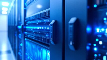 Data center server room with blinking blue lights, depicting complex computing infrastructure and - Powered by Adobe