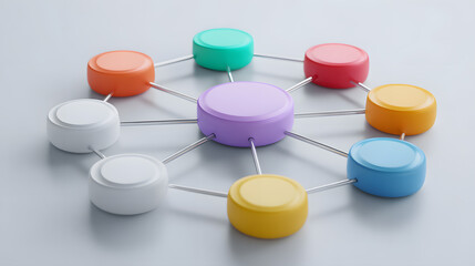 Vibrant multicolored circular shapes interconnected in a dynamic network, symbolizing collaboration, data flow, and modern digital communication systems.