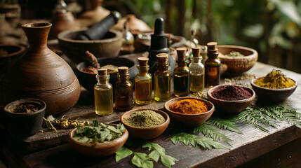 Fototapeta premium ayurvedic wellness display, amber glass bottles of ayurvedic oils on table, with fresh leaves clay bowls of powdered herbs