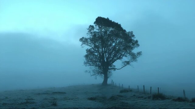 Lone tree standing in foggy landscape during early morning light, representing a sense of harmony and inner alignment  