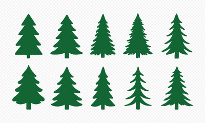 Pine tree silhouette and outline vector set. Christmas tree icon collection. Evergreen, fir, spruce forest graphic elements. Winter holiday design asset for decoration.