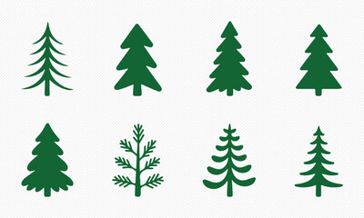 Pine tree silhouette and outline vector set. Christmas tree icon collection. Evergreen, fir, spruce forest graphic elements. Winter holiday design asset for decoration.