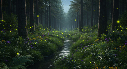 Obraz premium A path through a forest with fireflies illuminating the lush green foliage and tall dark trees around it